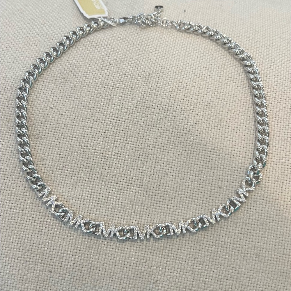 MICHAEL KORS 14K Platinum Plated Pave Logo Chain Link Necklace - Picture 2 of 5